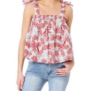 C&C California Blouse Top 100% Cotton BLUE Red Peasant Bow Lined NWT$58 Large